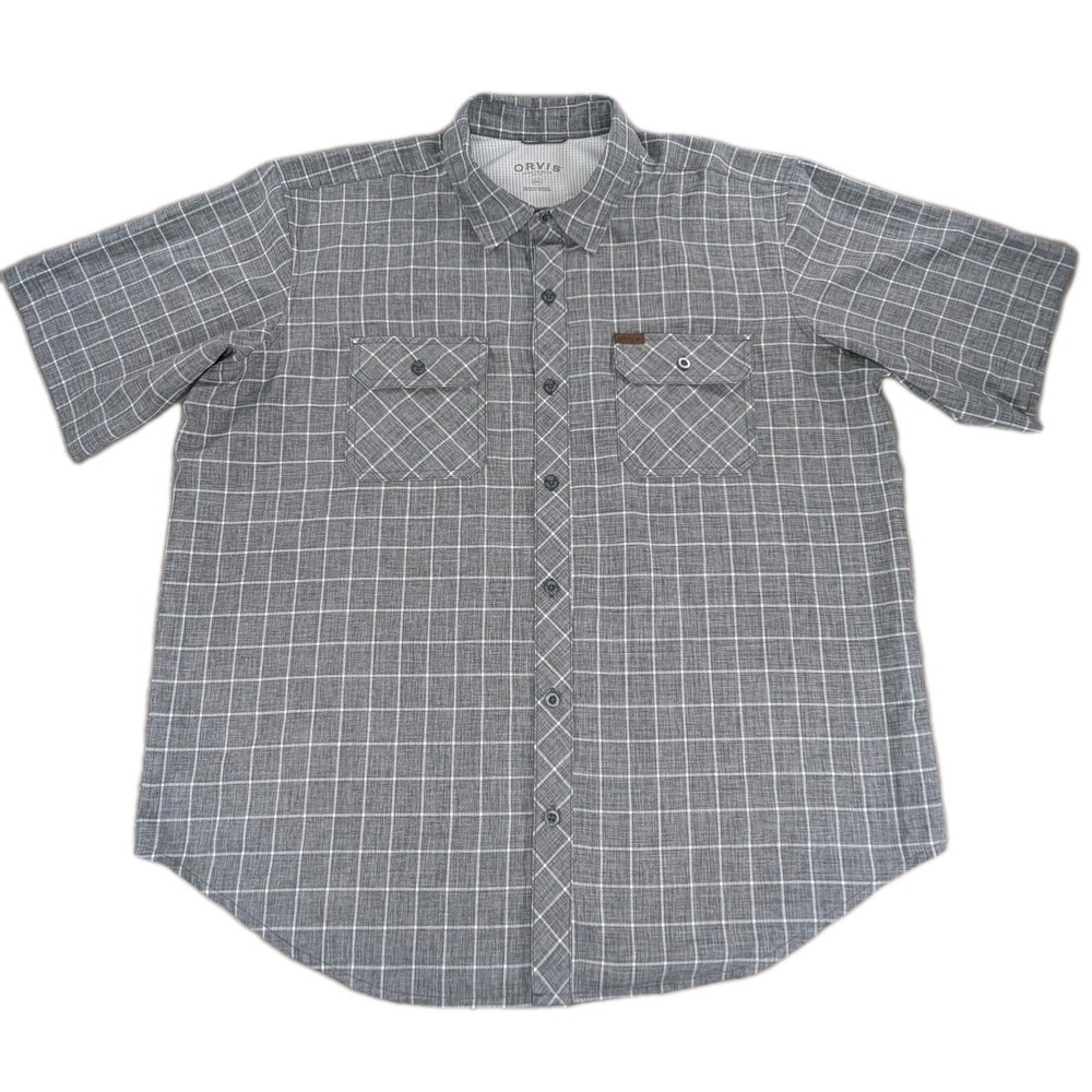 Orvis Shirt Mens XXL Gray Check Short Sleeve Button Up Outdoor Vented Fishing